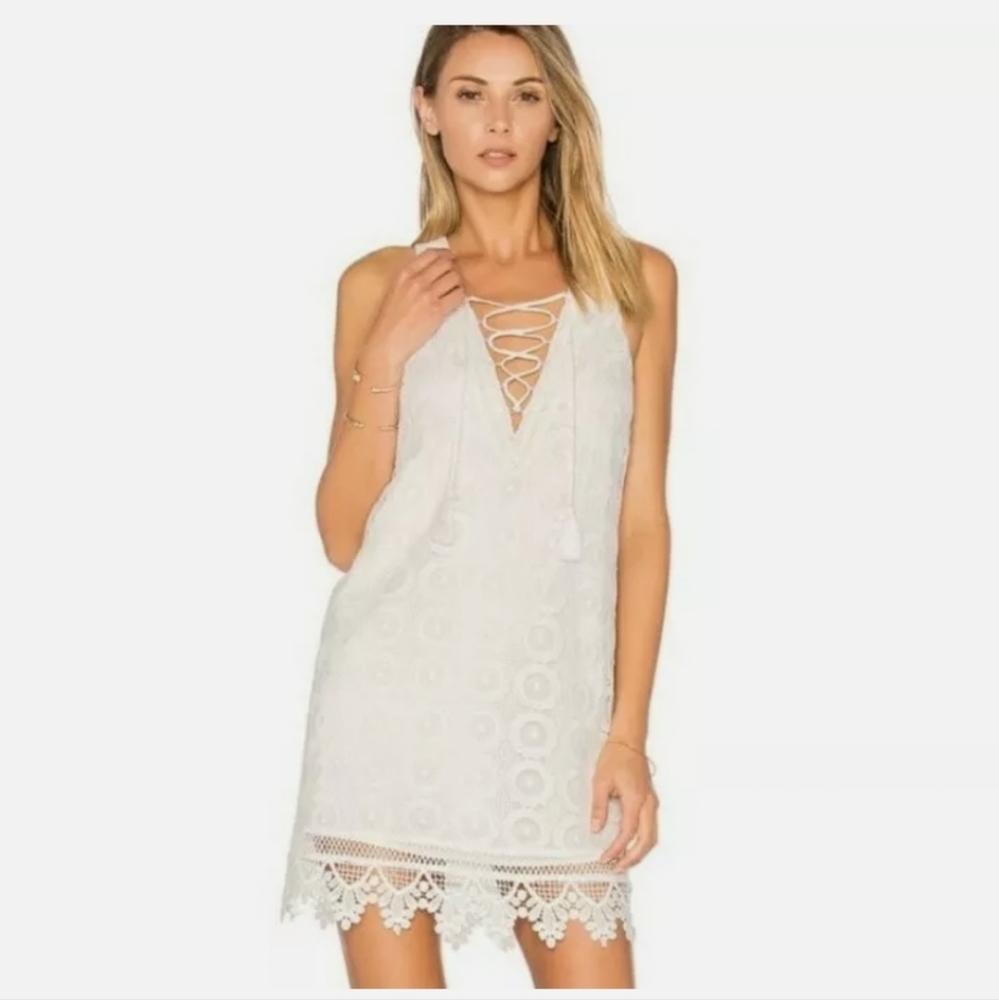 Lovers + Friends White LaceUp Plunging Neckline Mini Dress Floral Wedding Boho S